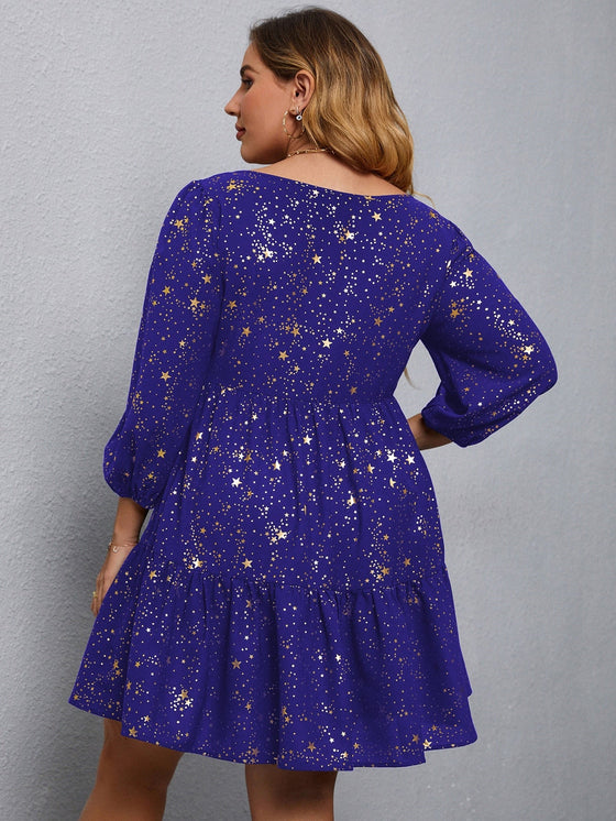 Plus Star Print Bishop Sleeve Ruffle Hem Dress