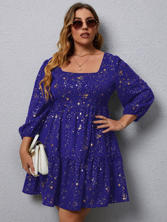 Plus Star Print Bishop Sleeve Ruffle Hem Dress