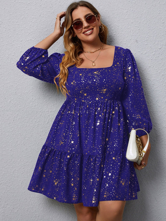 Plus Star Print Bishop Sleeve Ruffle Hem Dress