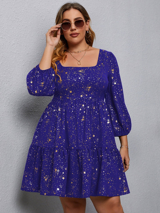 Plus Star Print Bishop Sleeve Ruffle Hem Dress