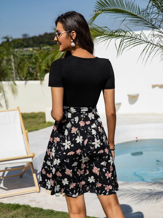 Floral Print Keyhole Neck Belted A line Dress