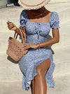 Ditsy Floral Tie Front Square Neck Puff Sleeve Slit Thigh Dress