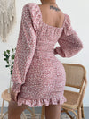 Ditsy Floral Lantern Sleeve Ruched Ruffle Hem Bodycon Dress