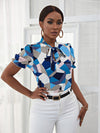 Geo Print Flounce Sleeve Tie Neck Blouse