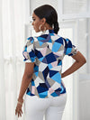 Geo Print Flounce Sleeve Tie Neck Blouse