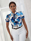 Geo Print Flounce Sleeve Tie Neck Blouse