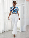 Geo Print Flounce Sleeve Tie Neck Blouse