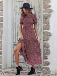  Ditsy Floral Print Puff Sleeve Ruffle Hem Dress