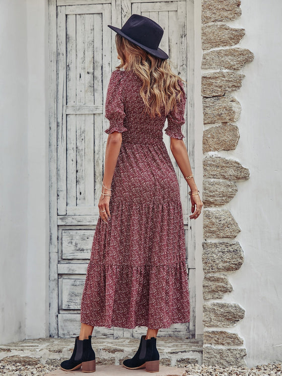 Ditsy Floral Print Puff Sleeve Ruffle Hem Dress