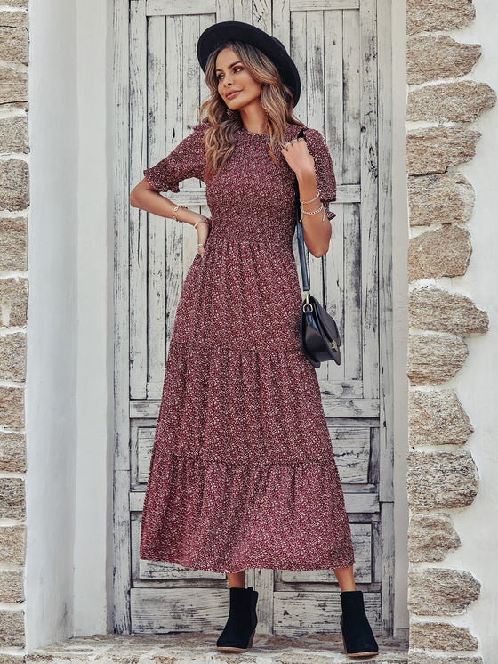 Ditsy Floral Print Puff Sleeve Ruffle Hem Dress