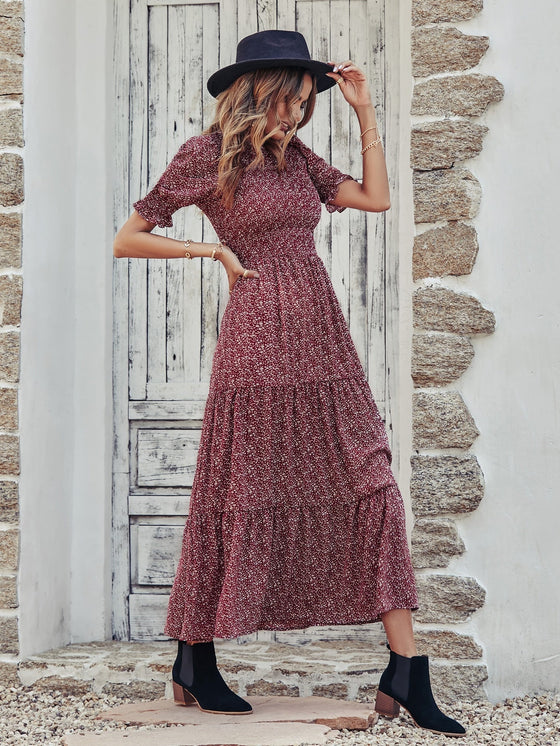 Ditsy Floral Print Puff Sleeve Ruffle Hem Dress