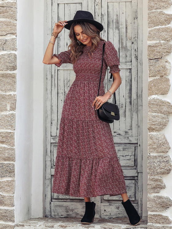 Ditsy Floral Print Puff Sleeve Ruffle Hem Dress