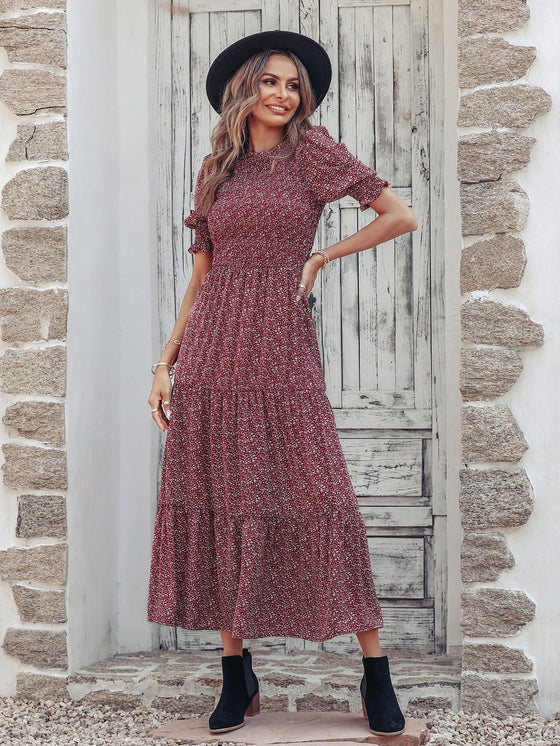 Ditsy Floral Print Puff Sleeve Ruffle Hem Dress