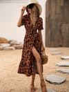 Allover Print Puff Sleeve Ruffle Hem Wrap Knot Side Dress