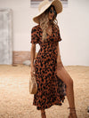 Allover Print Puff Sleeve Ruffle Hem Wrap Knot Side Dress