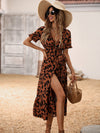 Allover Print Puff Sleeve Ruffle Hem Wrap Knot Side Dress