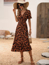 Allover Print Puff Sleeve Ruffle Hem Wrap Knot Side Dress