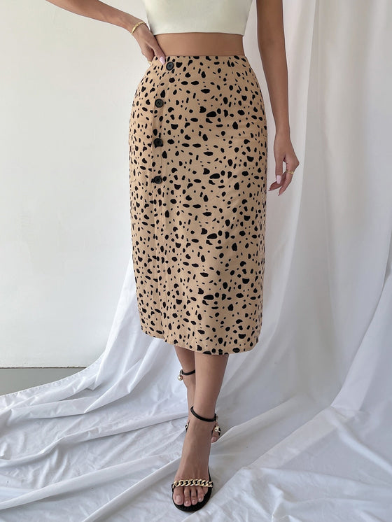 Allover Print Button Front Split Hem Skirt