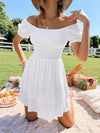 Shirred Waist Puff Sleeve Layered Hem Bardot Dress