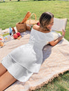 Shirred Waist Puff Sleeve Layered Hem Bardot Dress