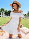 Shirred Waist Puff Sleeve Layered Hem Bardot Dress