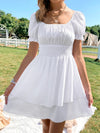 Shirred Waist Puff Sleeve Layered Hem Bardot Dress