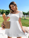 Shirred Waist Puff Sleeve Layered Hem Bardot Dress