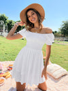 Shirred Waist Puff Sleeve Layered Hem Bardot Dress