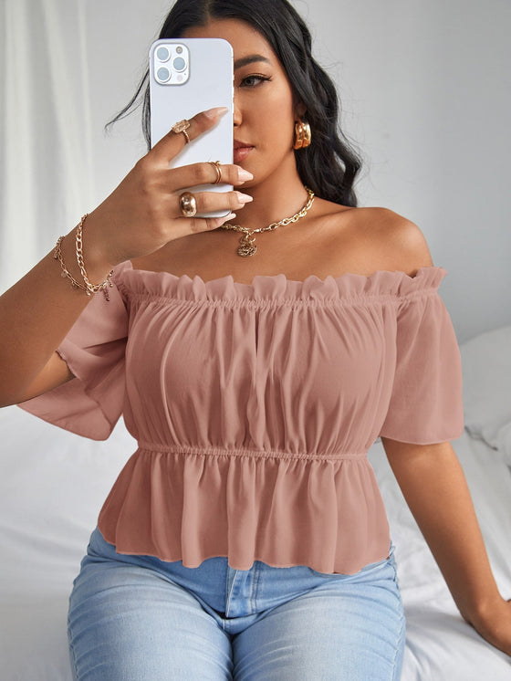Plus Solid Ruffle Bardot Blouse