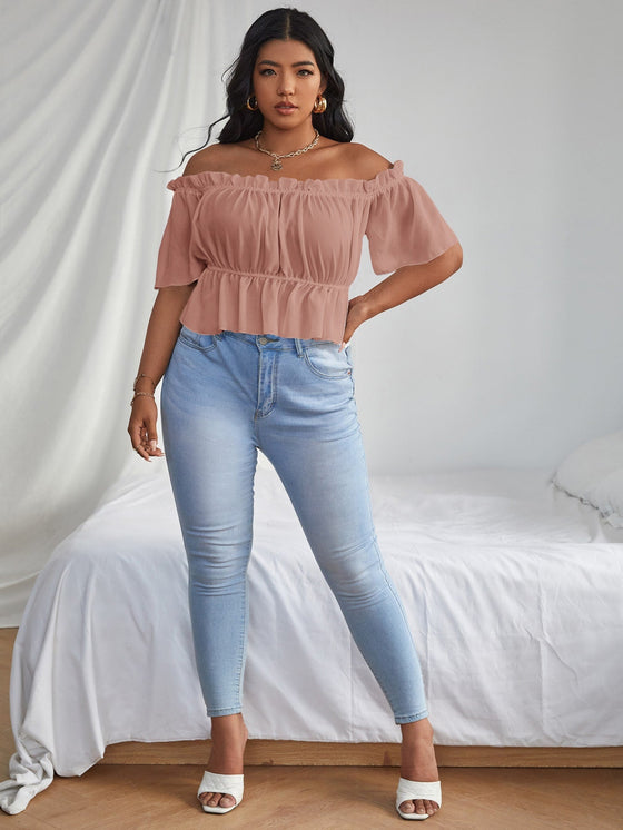 Plus Solid Ruffle Bardot Blouse