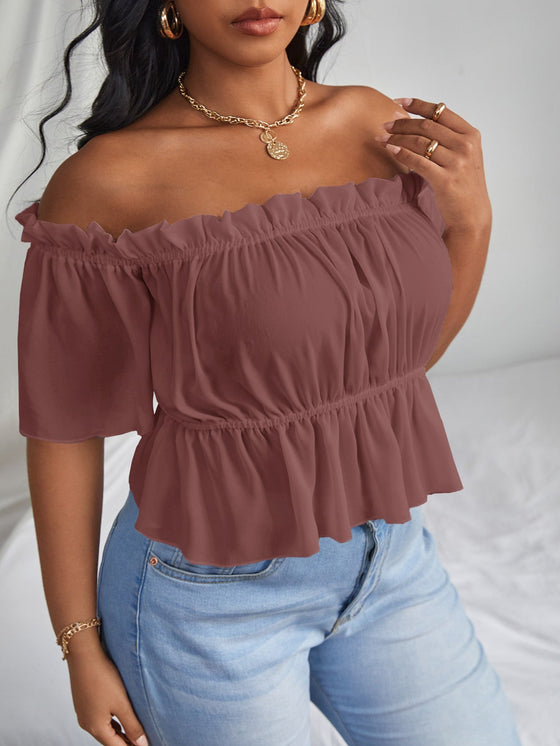 Plus Solid Ruffle Bardot Blouse