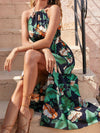 Tropical Print Slit Thigh Halterneck Tie Back Belted Dress