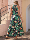 Tropical Print Slit Thigh Halterneck Tie Back Belted Dress
