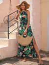 Tropical Print Slit Thigh Halterneck Tie Back Belted Dress