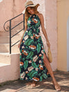 Tropical Print Slit Thigh Halterneck Tie Back Belted Dress