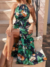 Tropical Print Slit Thigh Halterneck Tie Back Belted Dress