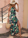 Tropical Print Slit Thigh Halterneck Tie Back Belted Dress