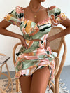Sweetheart Peekaboo Front Graphic Pattern Layered Hem Drawstring Dress