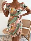 Sweetheart Peekaboo Front Graphic Pattern Layered Hem Drawstring Dress