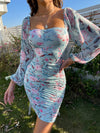 Floral Print Sweetheart Neck Ruched Lantern Sleeve Bodycon Dress