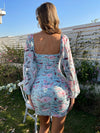 Floral Print Sweetheart Neck Ruched Lantern Sleeve Bodycon Dress
