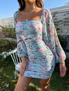 Floral Print Sweetheart Neck Ruched Lantern Sleeve Bodycon Dress
