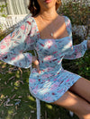 Floral Print Sweetheart Neck Ruched Lantern Sleeve Bodycon Dress