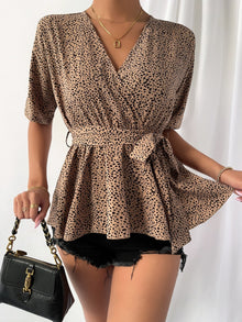  Dot Print Belted Peplum Top