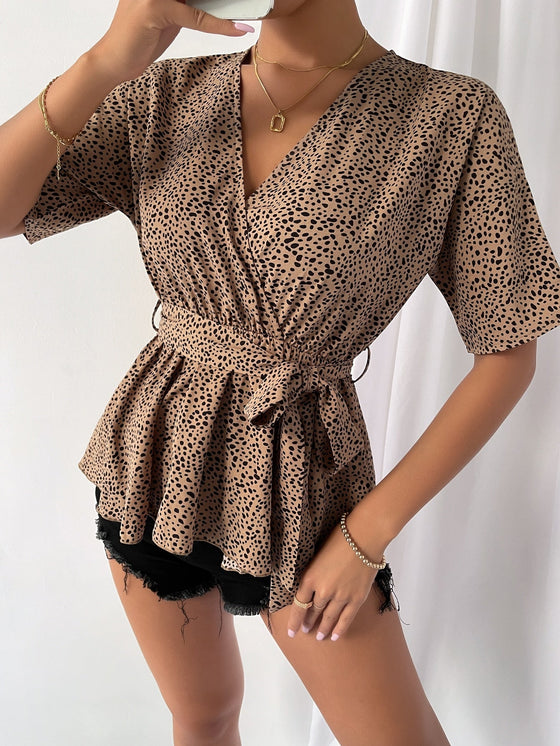 Dot Print Belted Peplum Top