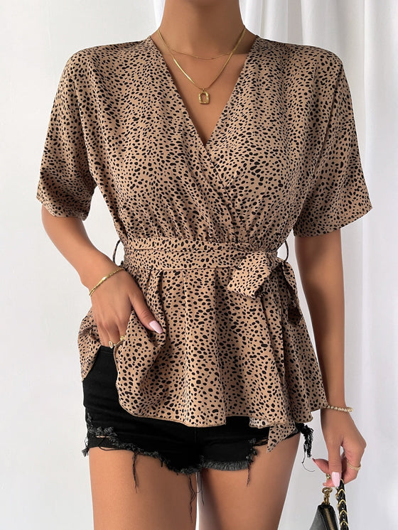 Dot Print Belted Peplum Top