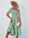 Square Neck Shirred Ditsy Floral Dress