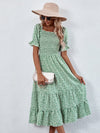 Square Neck Shirred Ditsy Floral Dress