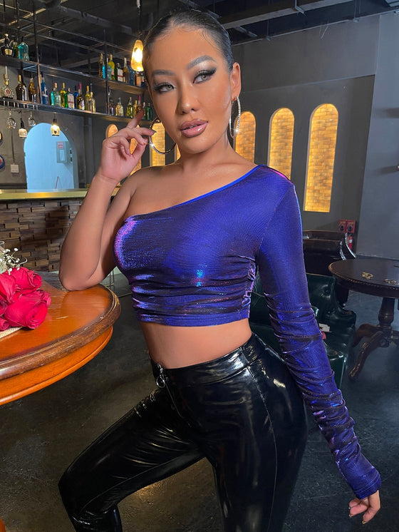 SXY One Shoulder Ruched Metallic Crop Top