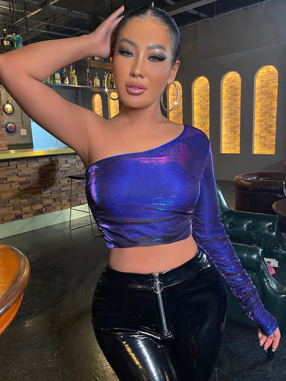 SXY One Shoulder Ruched Metallic Crop Top